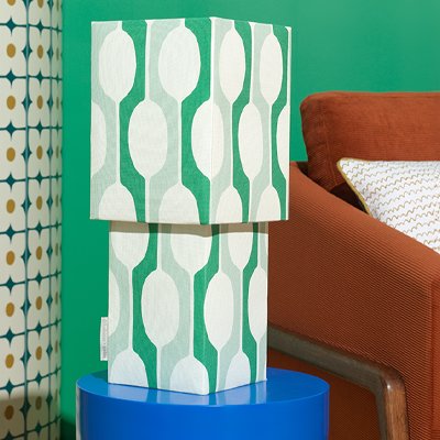 Scion green fabric patterned lamp.